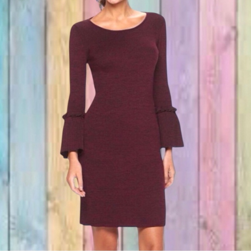 Nina Leonard Wine Red Marble Bell Sleeve Ribbed Knit Dress NWT